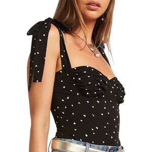 🐈‍⬛Black Top with White Hearts Print and Bow Tie Straps Size S Good Condition🐈‍⬛
